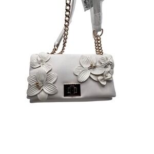 New INC Flower Applique Crossbody Bag Chain Strap Party‎ White Small Purse